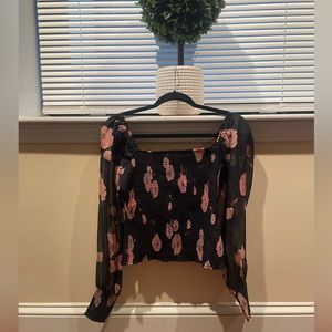Navy chiffon w pink flowers chic top. Size medium.